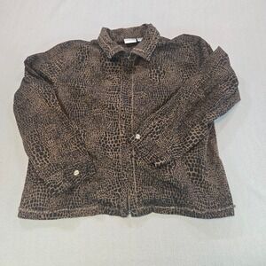 Chicos Animal Print Zip Front Jacket Brown Black Frayed Hem Size 3 L XL